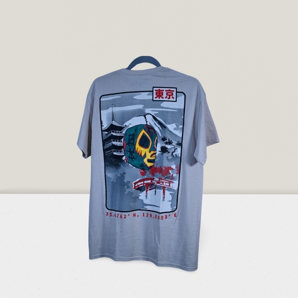 Grey Bowery Shirt – Hand-Painted “Mil Máscaras” Luchador Mask, Asian Design - Picture 1 of 5